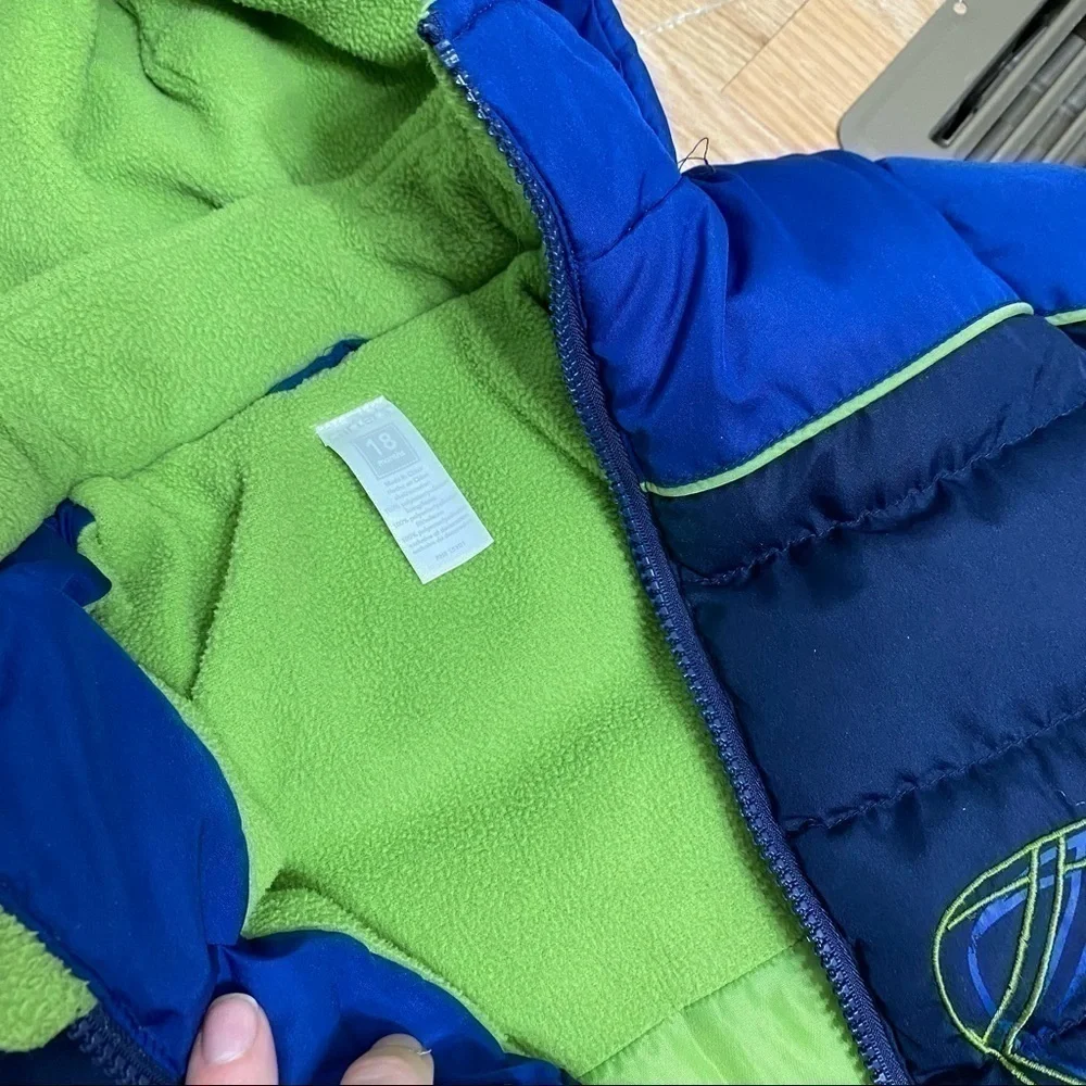 Carter’s Puffer Jacket Blue Green Football Sz 18 Months Full Zip Hooded